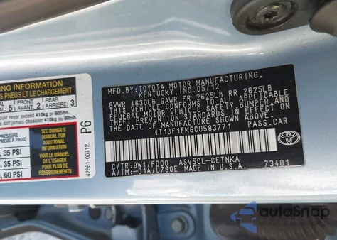 2012 Toyota Camry Le z USA, uszkodzony, nr VIN 4T1BF1FK6CU583771